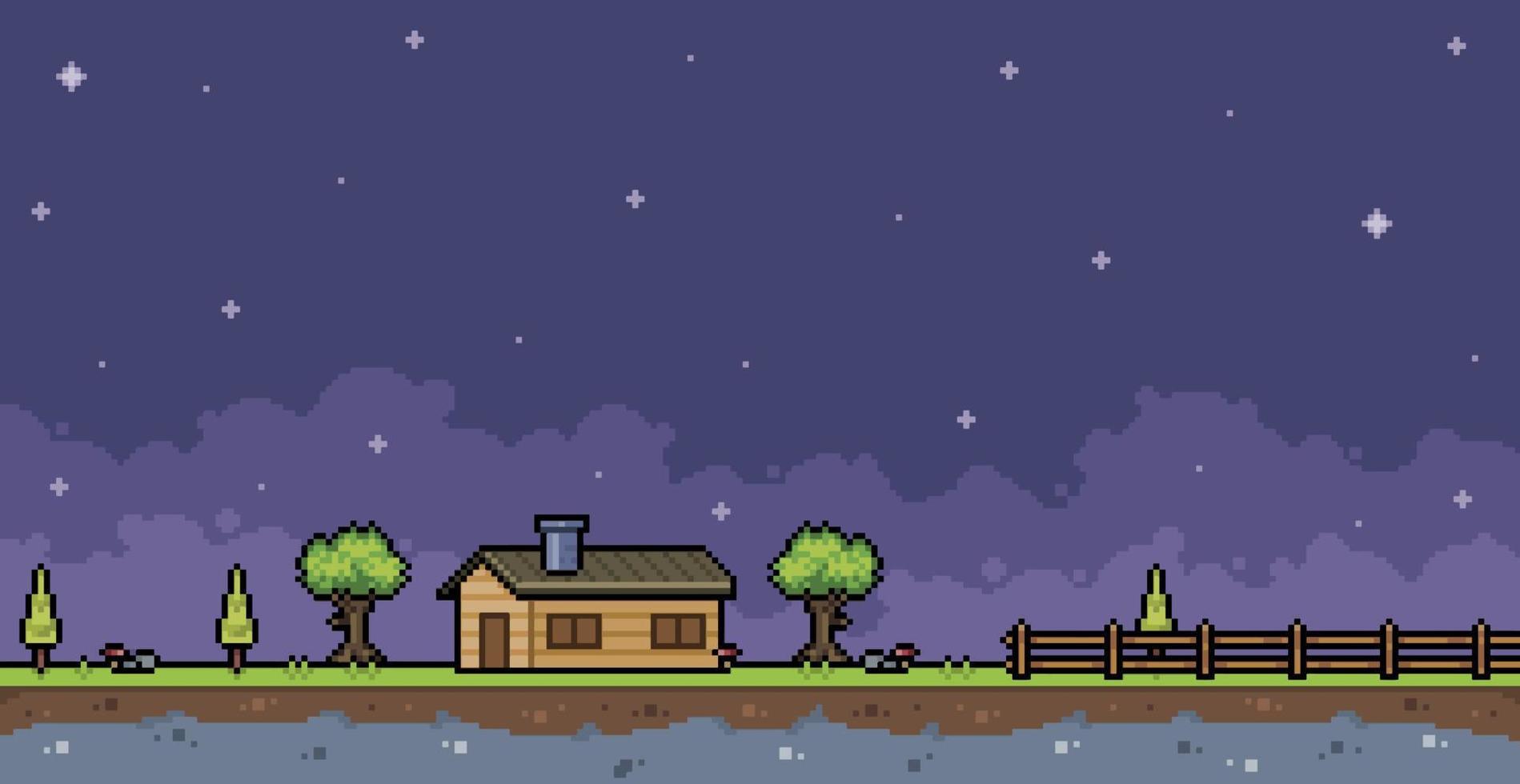 Pixel art farm landscape at night with house, fence and tree 8 bit game background vector