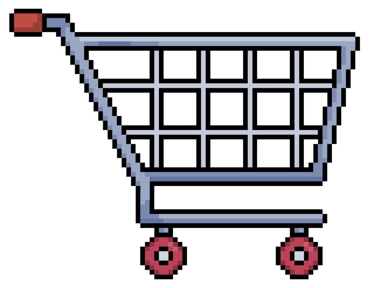 Pixel art shopping cart, supermarket trolley vector icon for 8bit game on white background