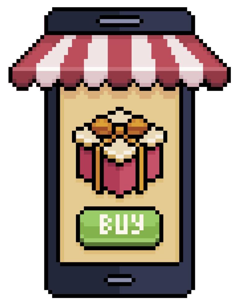 Pixel art gift shop on mobile. Cell phone with shop awning vector icon for 8bit game on white background