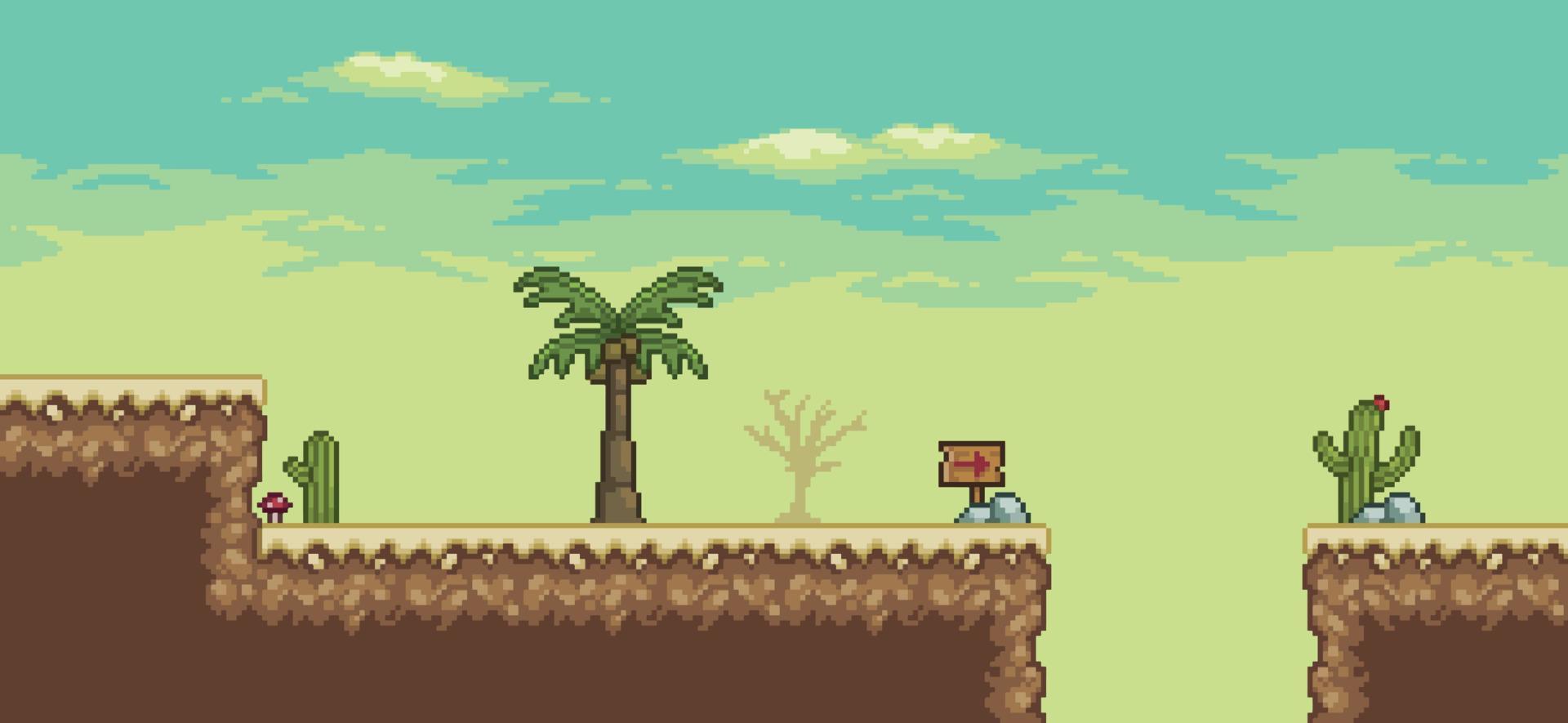 escena de juego del desierto de pixel art con palmera, cactus, vector de fondo de 8 bits