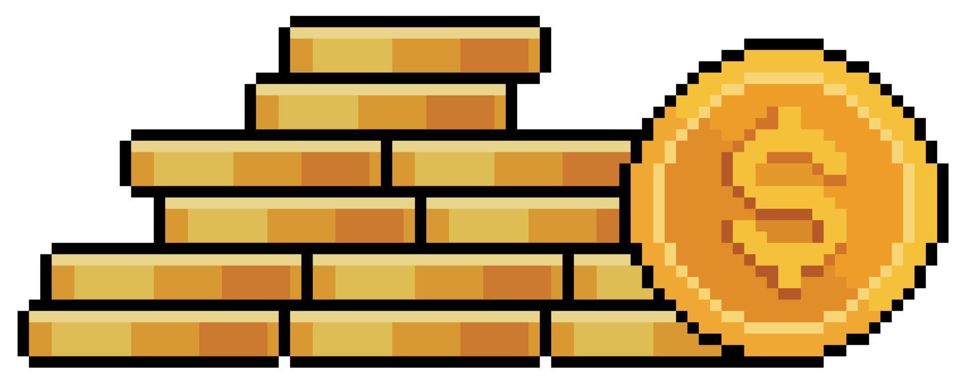 Pixel art stack of coins. stacked money vector icon for 8bit game on white background