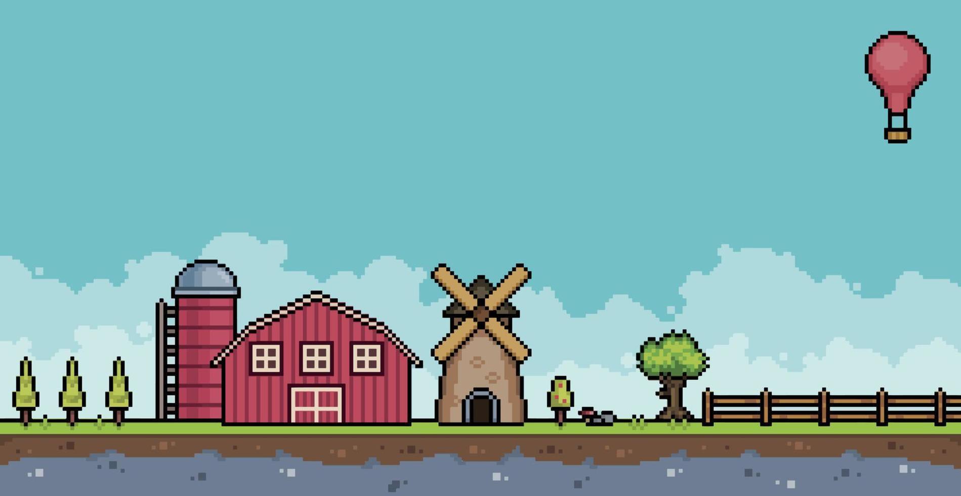 Pixel art farm landscape with barn, mill, fence, trees. 8 bit game background vector