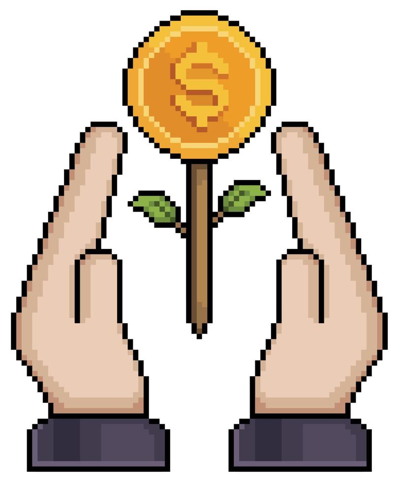 Pixel art hands holding money plant vector icon for 8bit game on white background