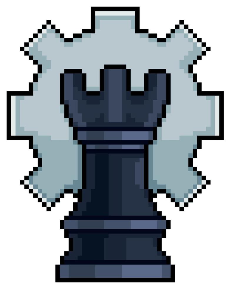Pixel art chess tower with gear. strategy concept vector icon for 8bit game on white background