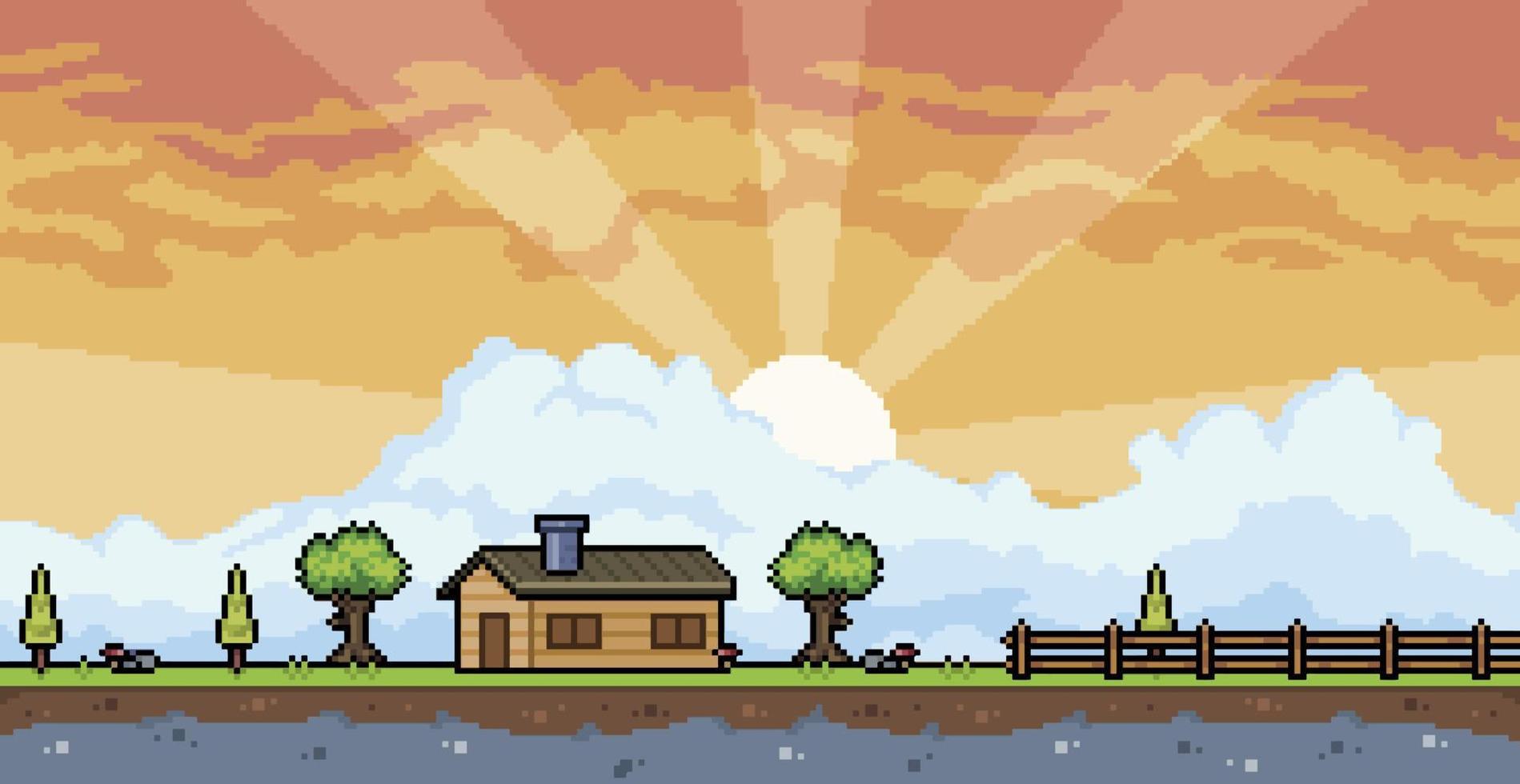 Pixel art countryside house landscape with sunset and clouds background 8bit game background vector