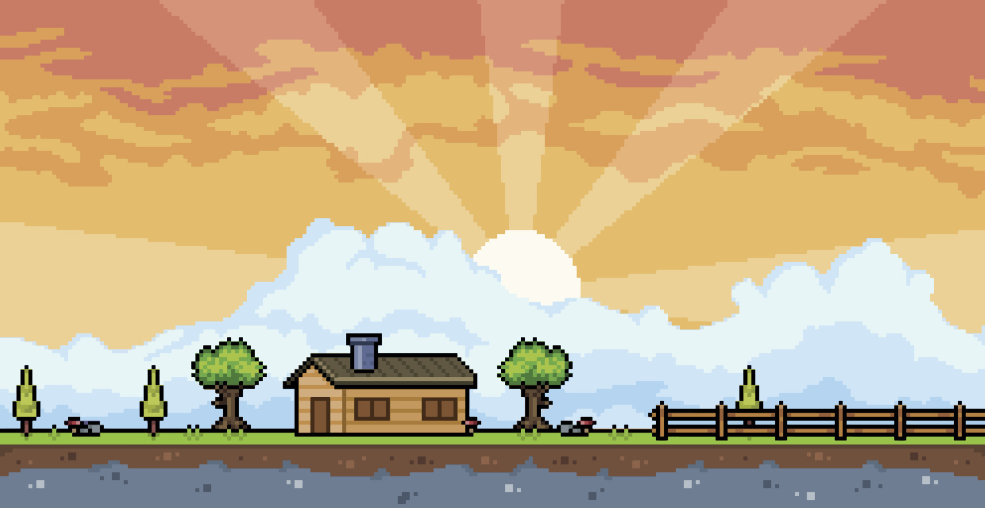 Pixel art countryside house landscape with sunset and clouds background  8bit game background 11484169 Vector Art at Vecteezy