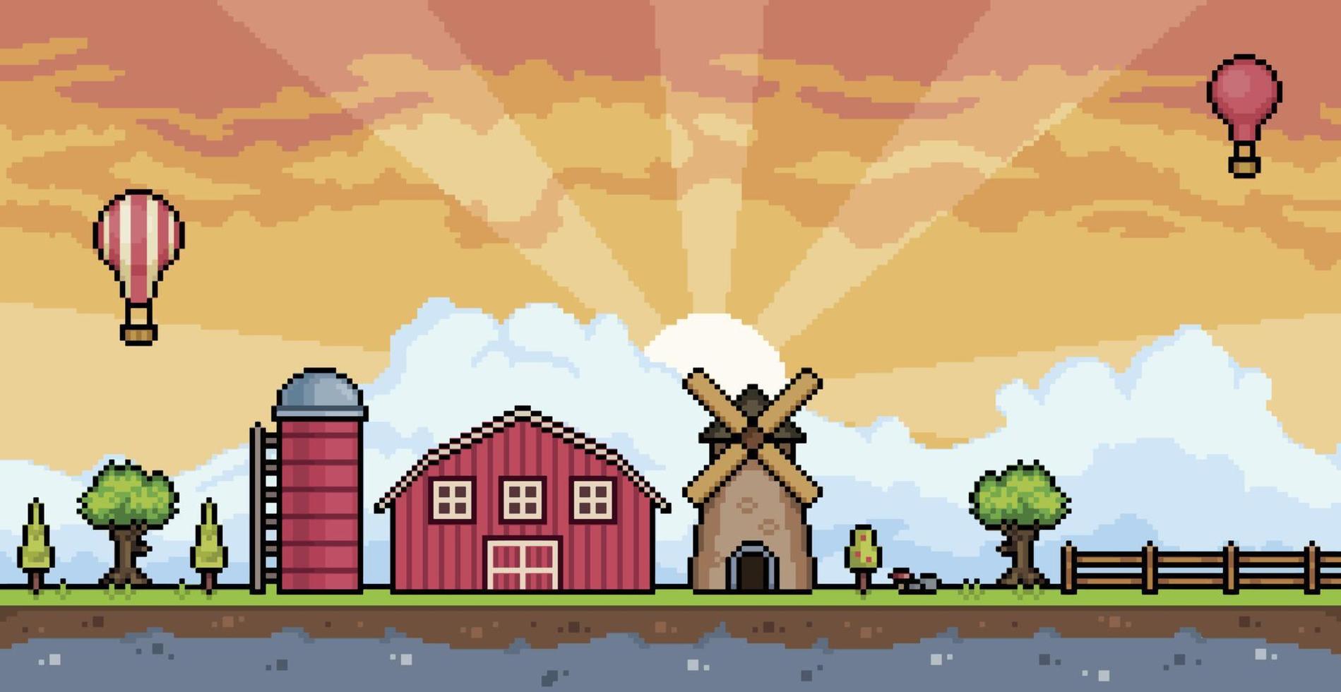 Pixel art farm landscape at sunset with barn, silo, mill, fence, tree 8 bit game background vector