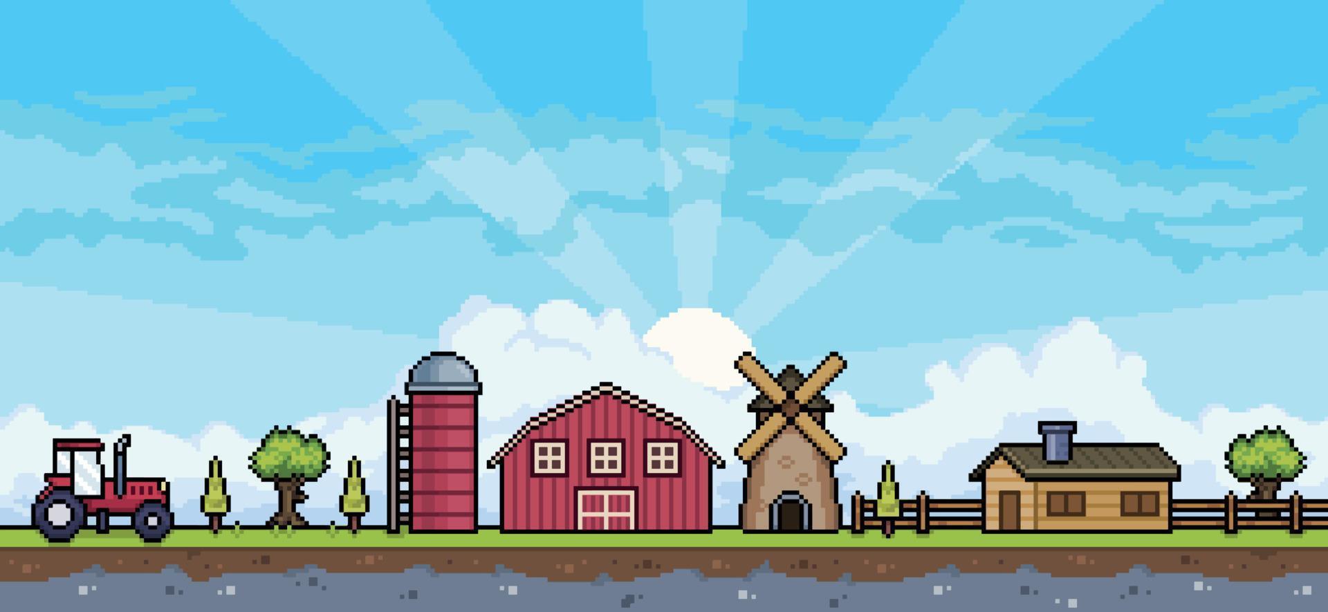 Pixel art farm scene with tractor, barn, silo, mill, house. Landscape background for 8bit game vector