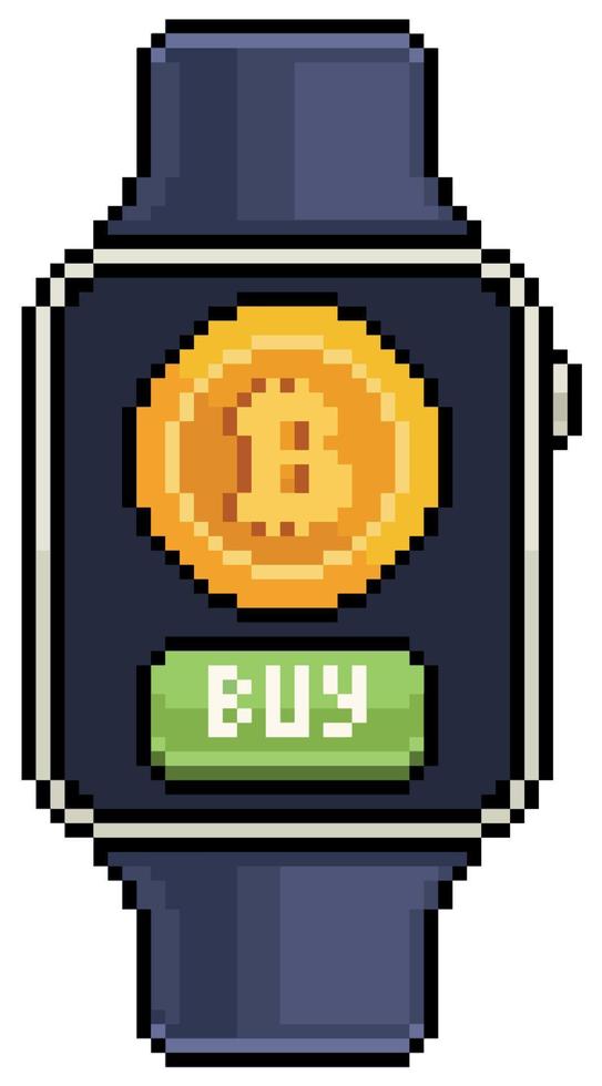 Pixel art smartwatch with bitcoin icon. buy bitcoin vector icon for 8bit game on white background