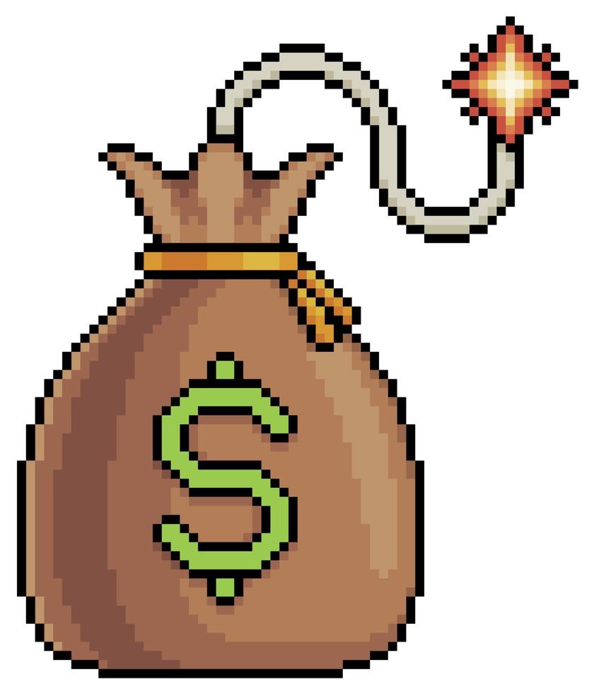 bolsa de dinero de pixel art con icono de vector de mecha de bomba para juego de 8 bits sobre fondo blanco