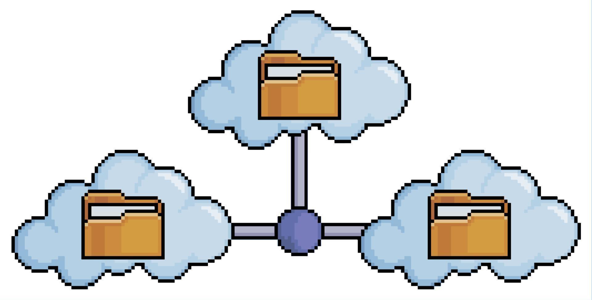 Pixel art cloud network, cloud files vector icon for 8bit game on white background