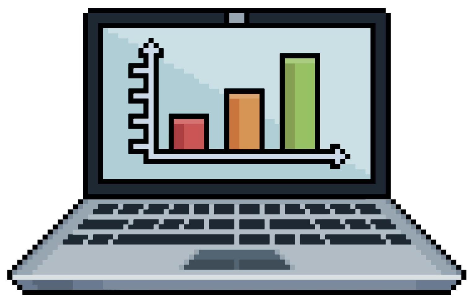 Pixel art laptop with data graphics on the screen. Data analysis vector icon for 8bit game on white background