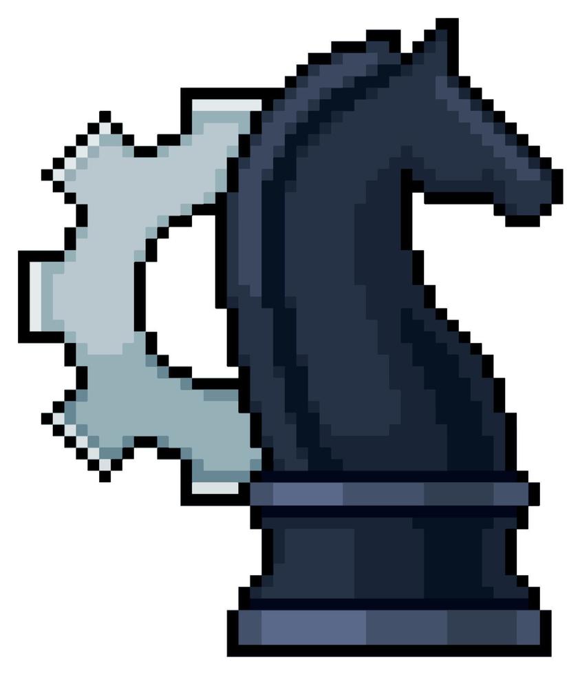 Pixel art chess horse and gear. business strategies vector icon for 8bit game on white background