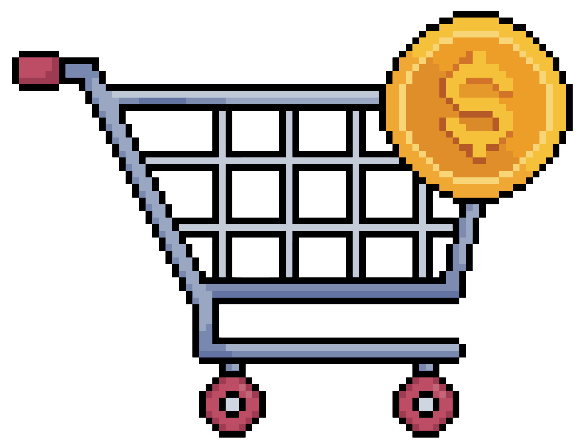 Pixel art shopping cart with coin. supermarket trolley vector icon for