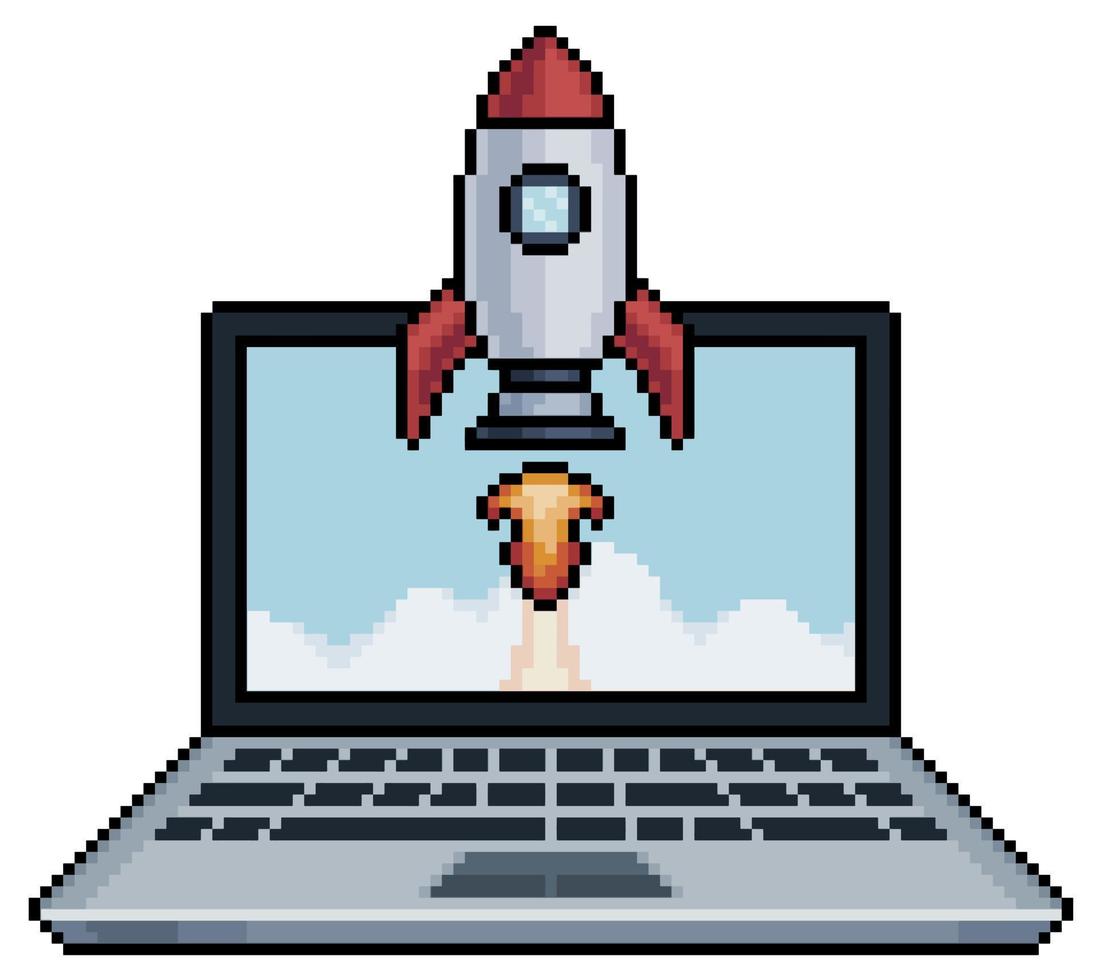 Pixel art laptop with rocket taking off from the screen vector icon for 8bit game on white background