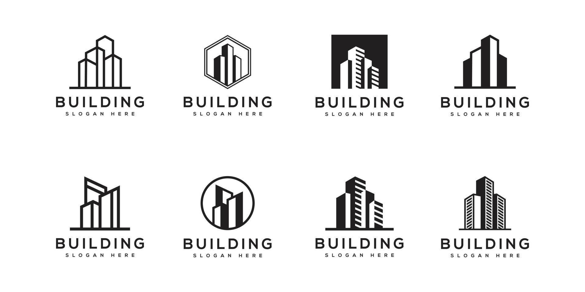 conjunto de logotipo de construcción con estilo de arte de línea. resumen de construcción de la ciudad para la inspiración del diseño del logotipo vector