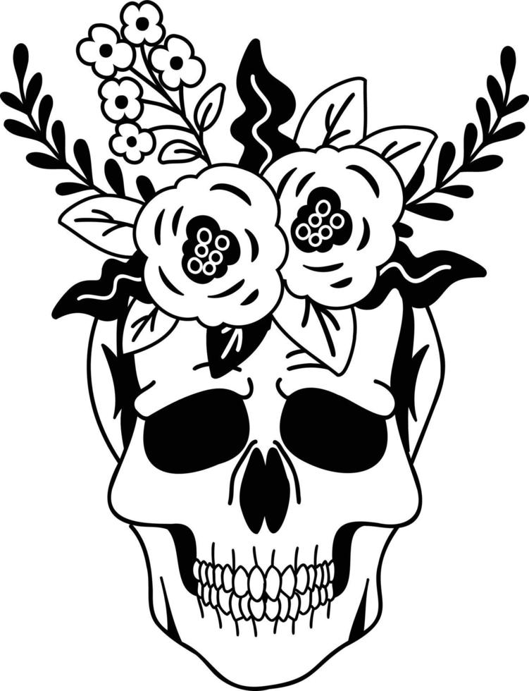 dibujado a mano ilustración de calavera y flores vector