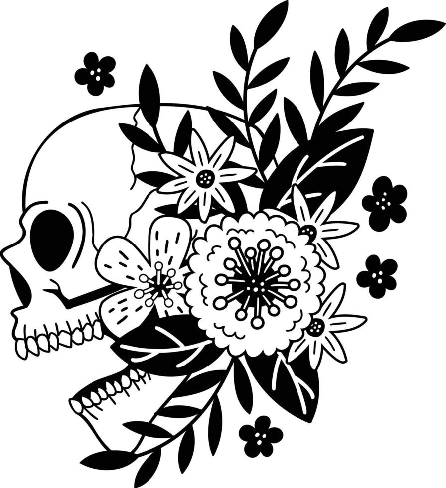 Hand Drawn skull and flowers illustration vector