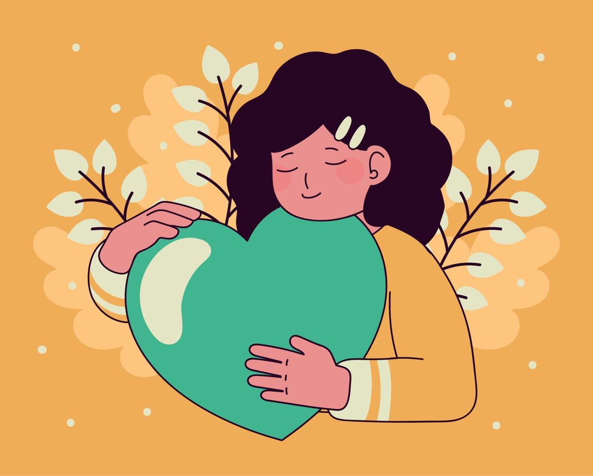 woman hugging heart vector