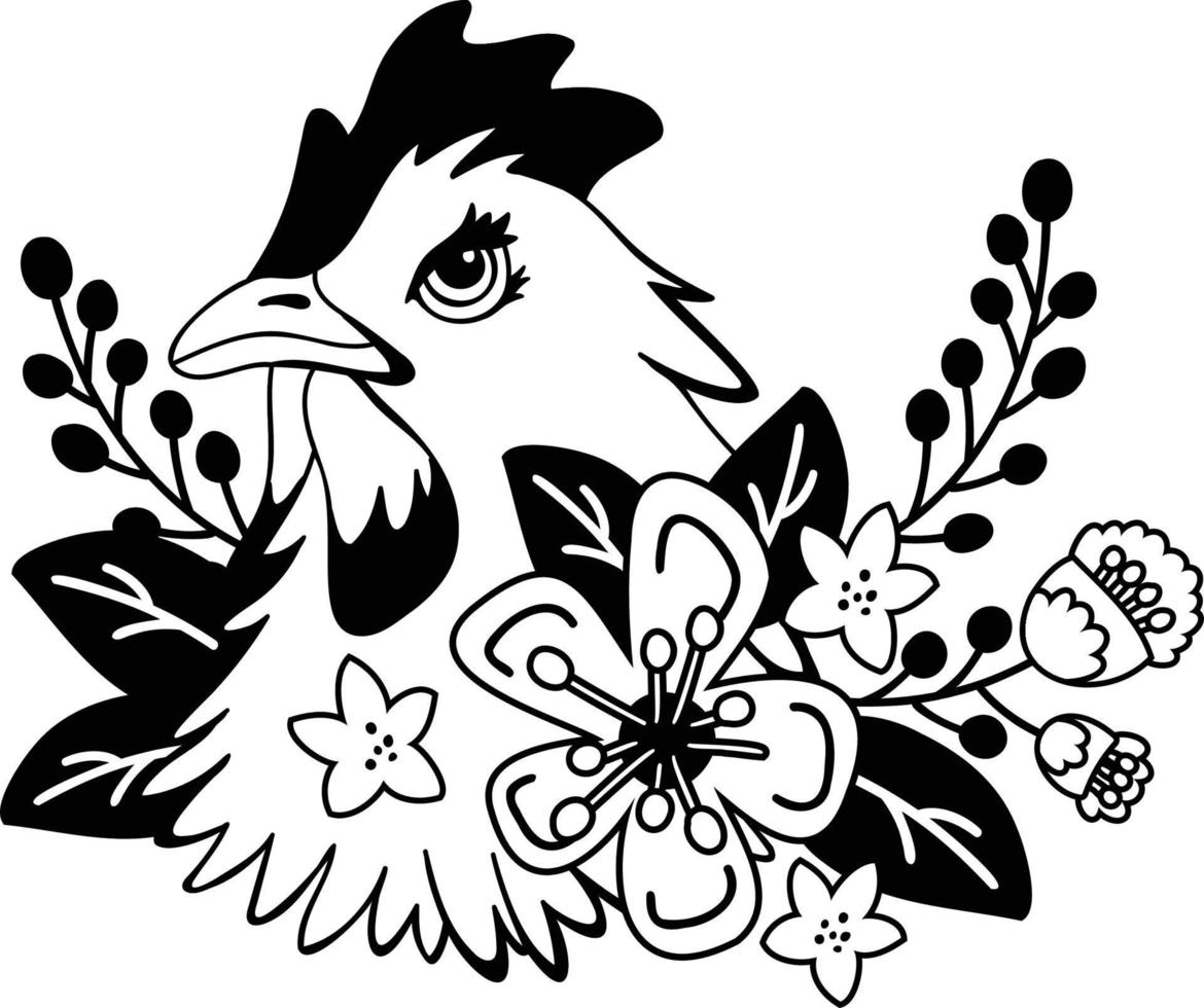 Hand Drawn chicken and flowers illustration vector