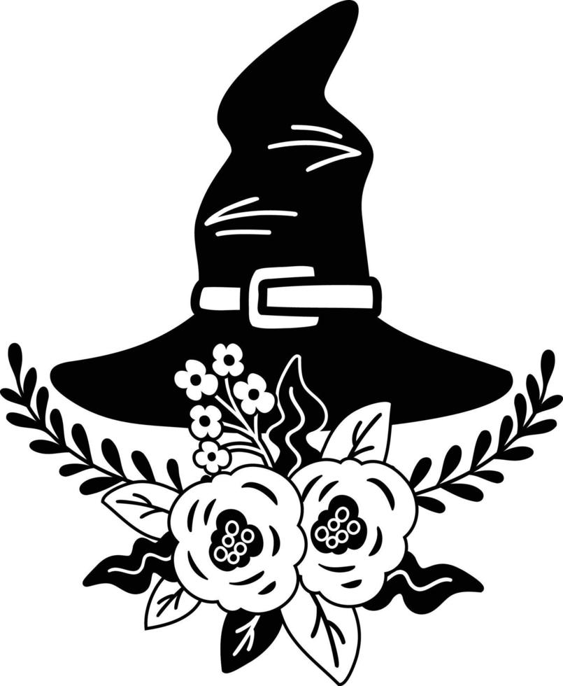 dibujado a mano flores y sombrero de bruja ilustración vector