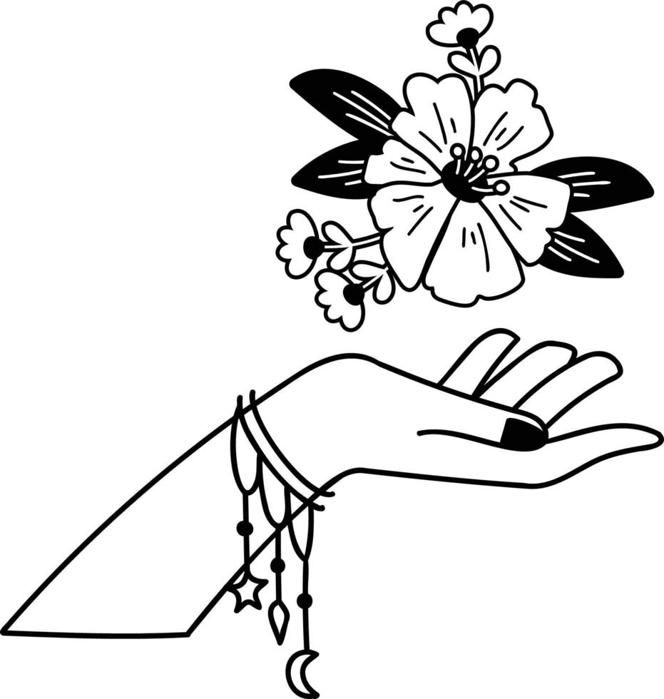dibujado a mano mano sosteniendo flores en estilo boho ilustración vector