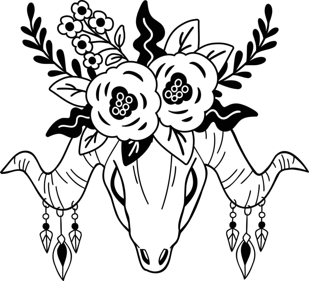 dibujado a mano ilustración de cuerno de búfalo y flores vector