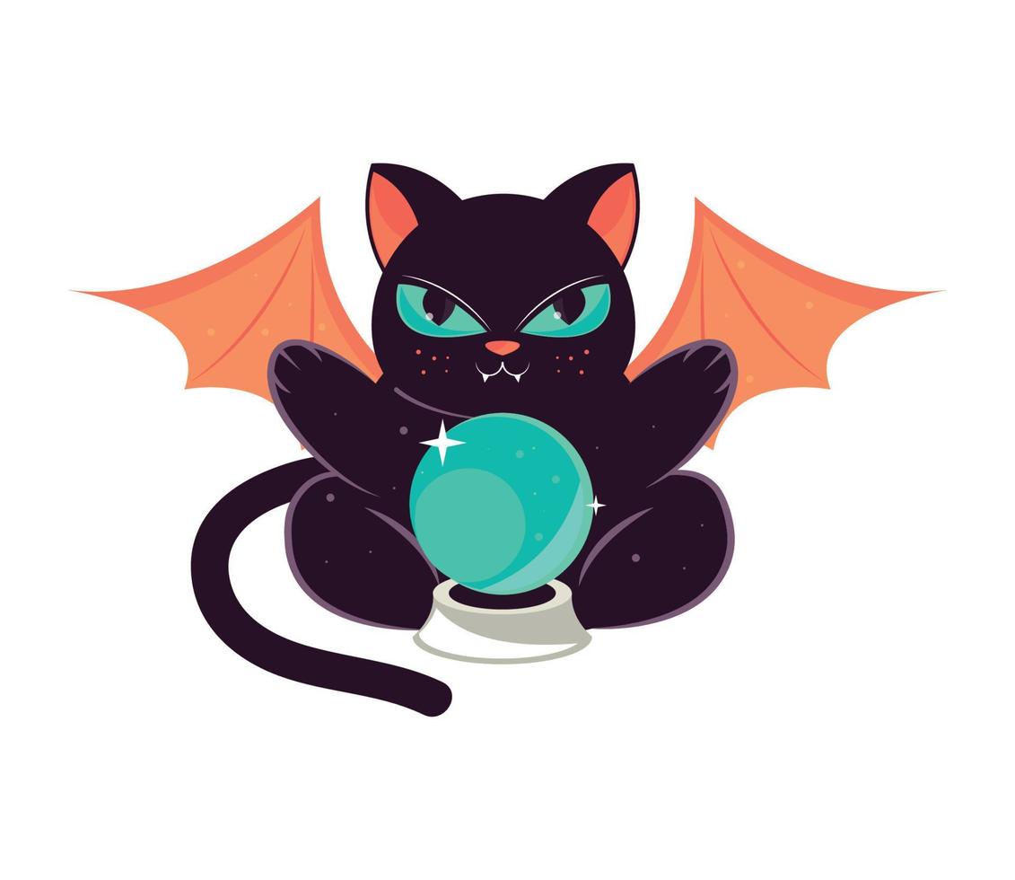gato de halloween y bola de cristal vector