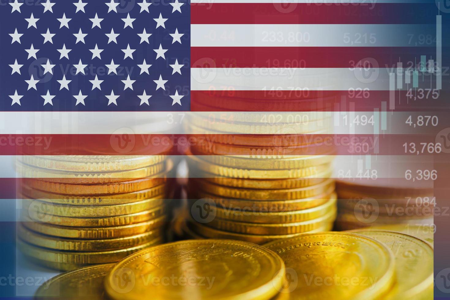 USA America flag with stock market finance, economy trend graph digital technology. photo