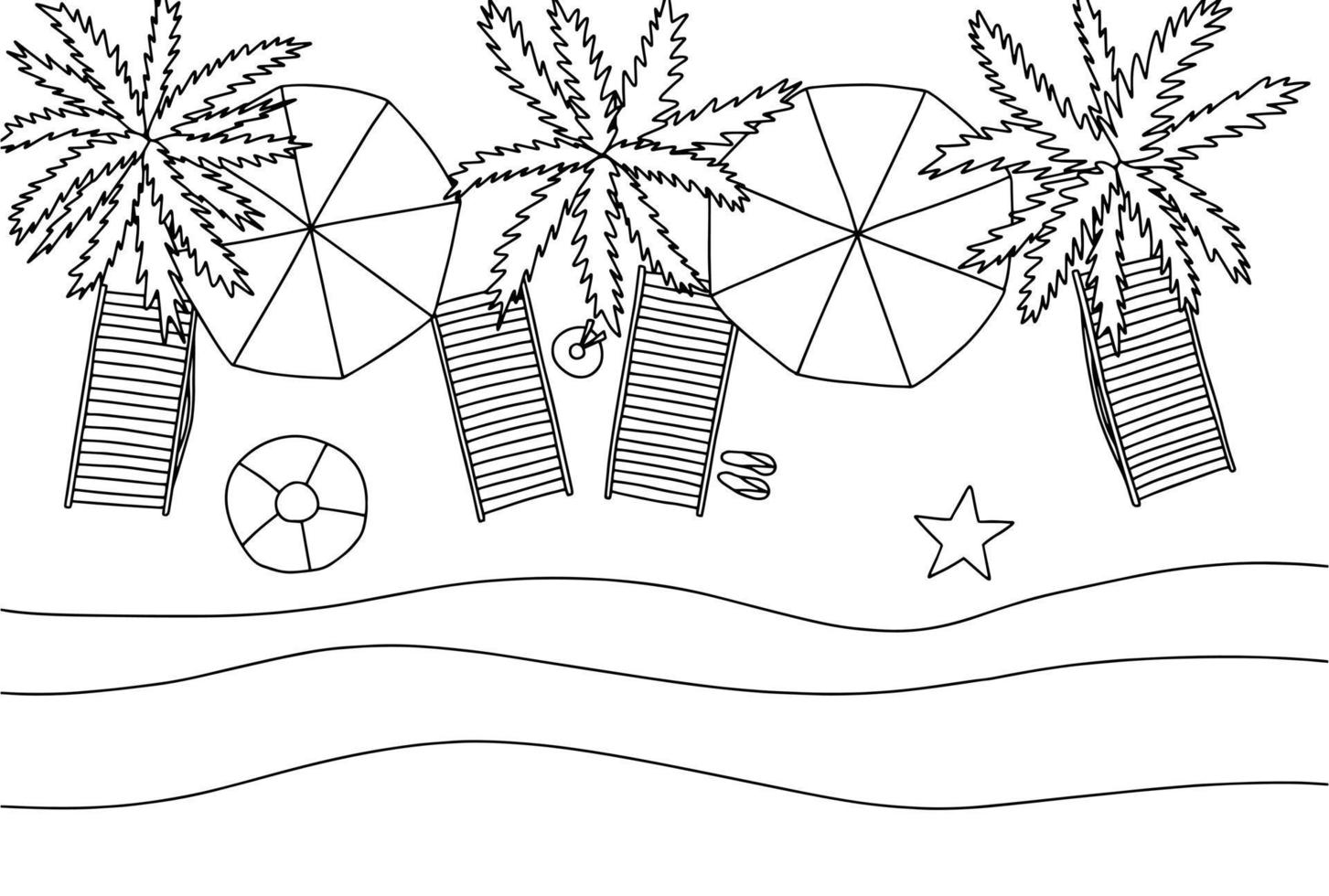 Summer beach coloring page top view. Vector hand drawn sunny beach top view with palms umbrellas and chaise lounges. Coloring book for children and adults.