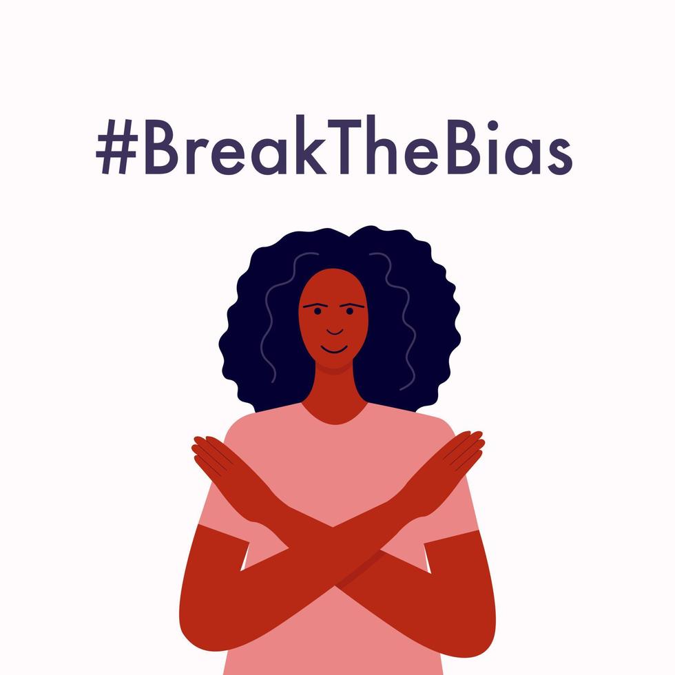 Break the bias vector poster. Blach woman cross arms with gesture stop flat vector illustration