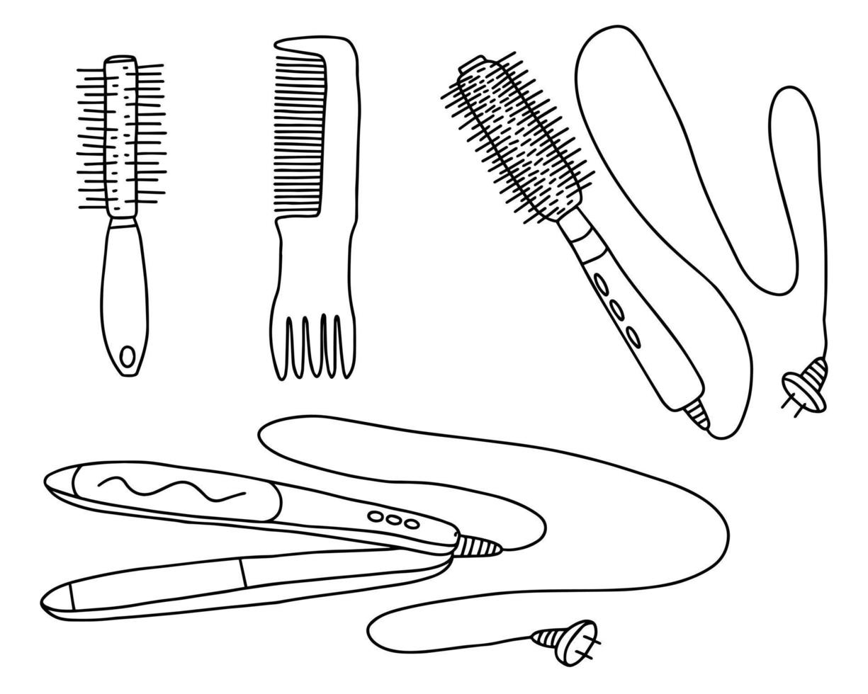 conjunto de garabatos de diferentes suministros de peluquería. tipos de equipos vectoriales para salón de belleza. equipos y accesorios de peluqueria. vector