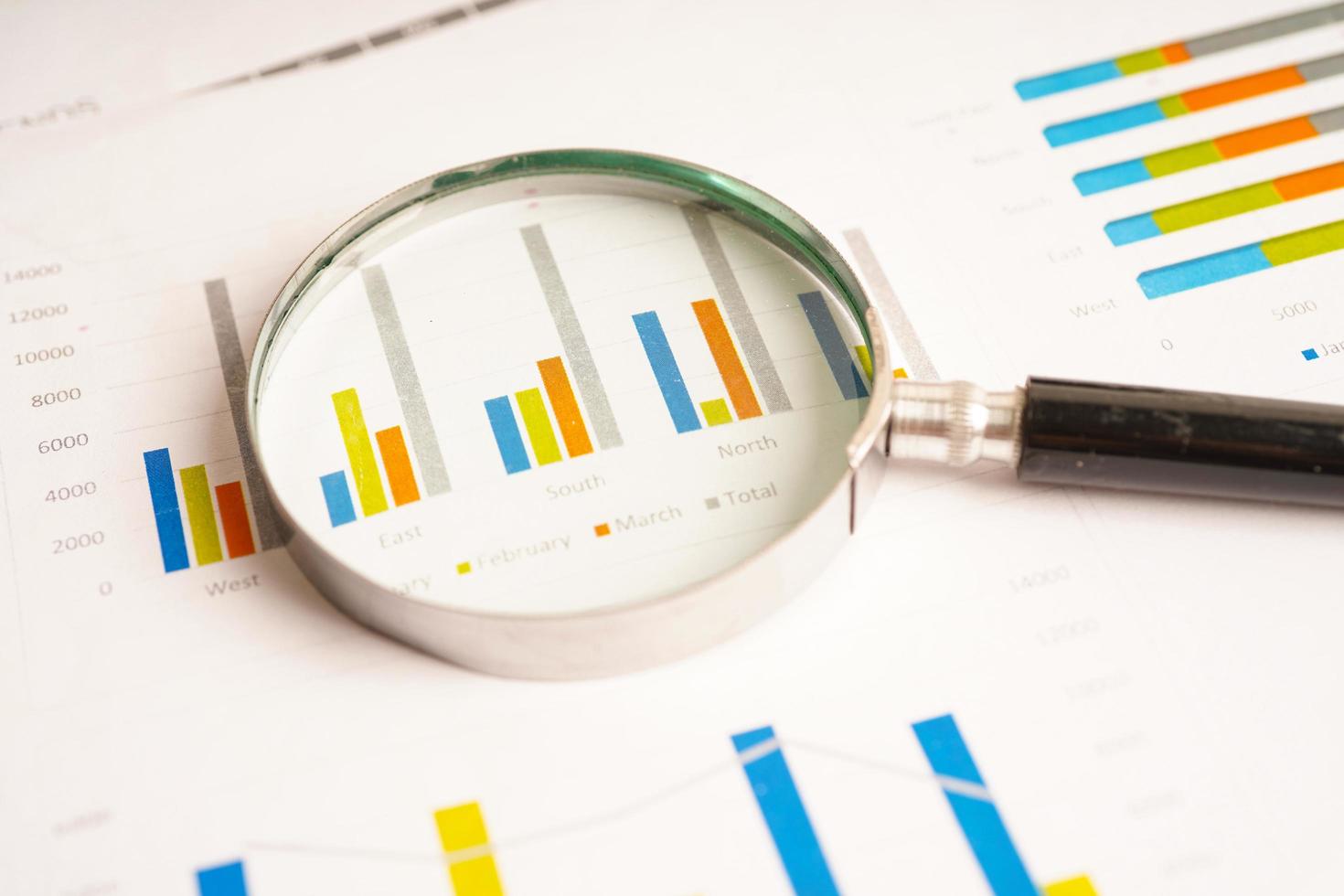 Magnifying glass on charts graphs paper. Financial development, Banking Account, Statistics, Investment Analytic research data economy. photo