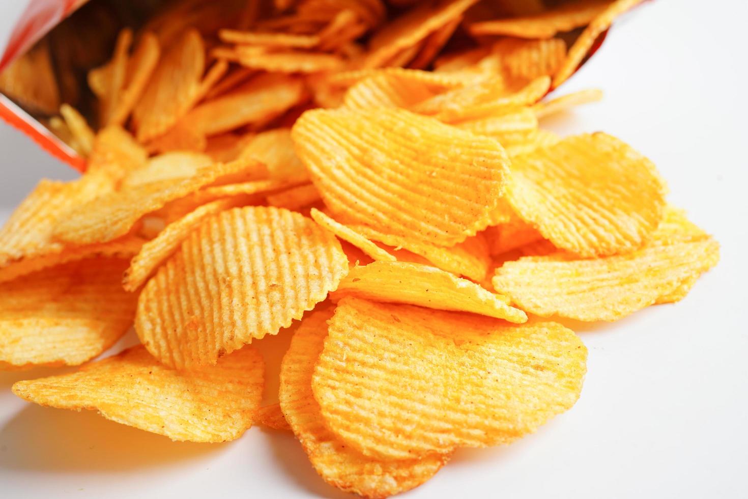 Potato chips in open bag, delicious BBQ seasoning spicy for crips, thin slice deep fried snack fast food. photo