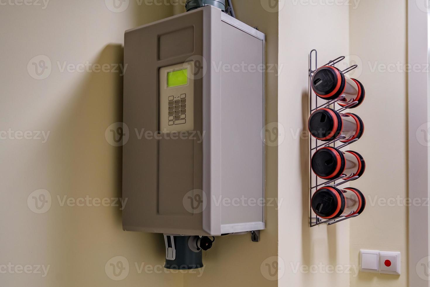 rows of empty pneumatic tubes of transfer system station in modern clinic, designed for fast operational transfer of analyzes, drugs and documents through air tunnels photo