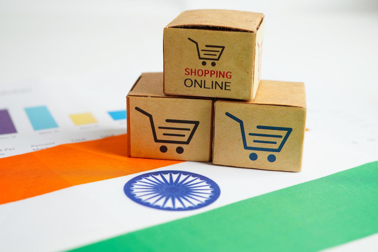 Online shopping, Shopping cart box on India flag, import export, finance commerce. photo