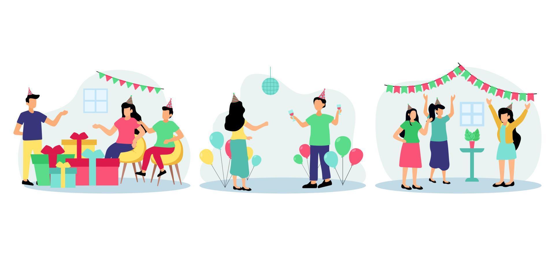 Birthday Party with Friends Scene Flat Bundle Design vector