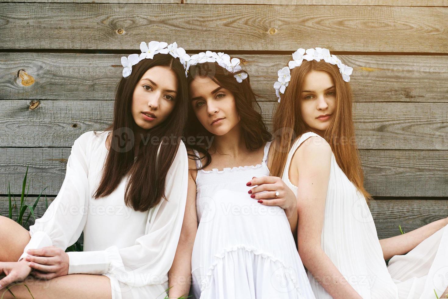 Three charming girls  near a wooden house photo