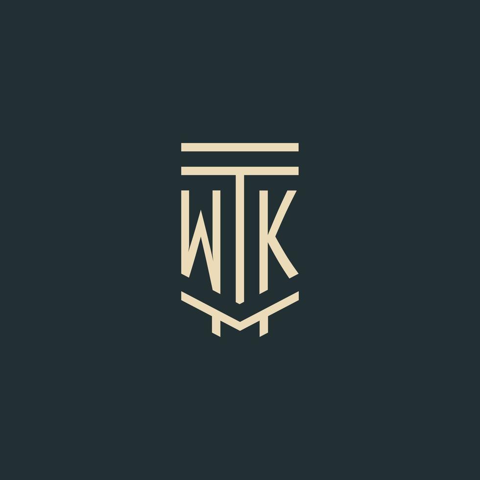 monograma inicial wk con diseños de logotipo de pilar de arte de línea simple vector