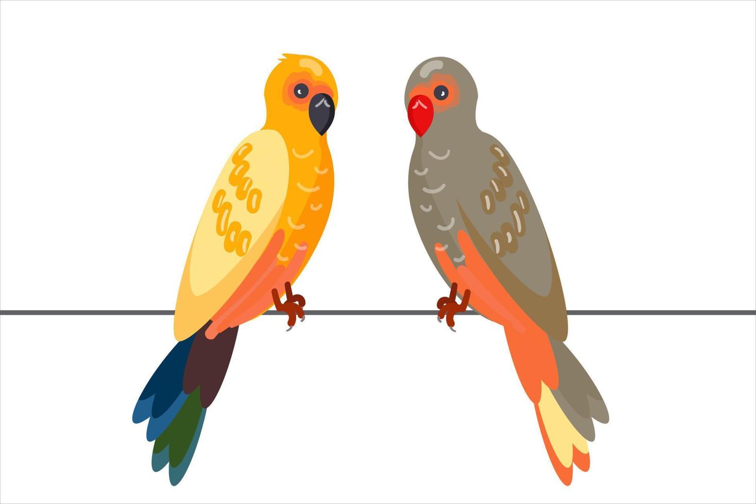 Beautiful parrots sit on the wire. Birds on a wire. Isolated illustration on a white background. Cartoon style. Vector illustration.