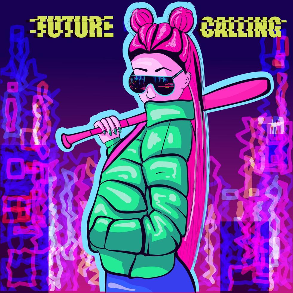 Artificial intelligence conceptual art of a woman with pink hair and green jacket holding a baseball bat. Bokeh lights and city buildings background. vector