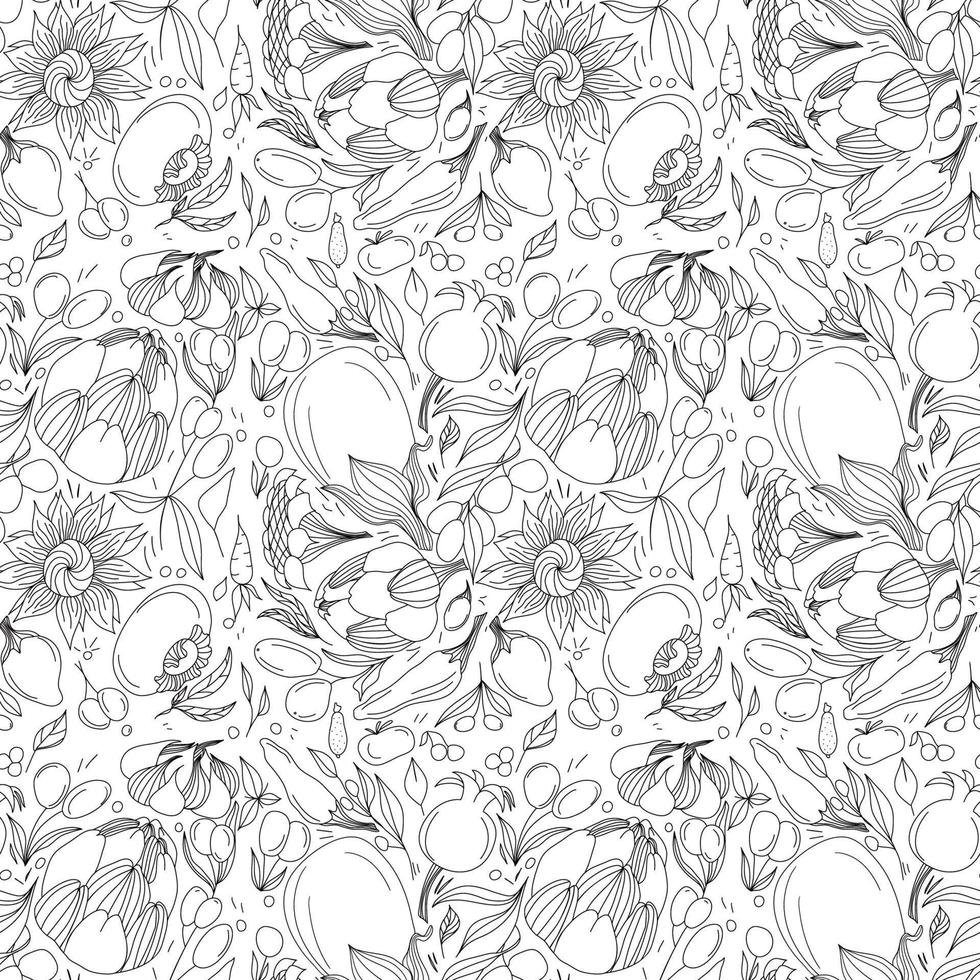 Seamless pattern with flowers, vegetables and fruits in doodle technique vector