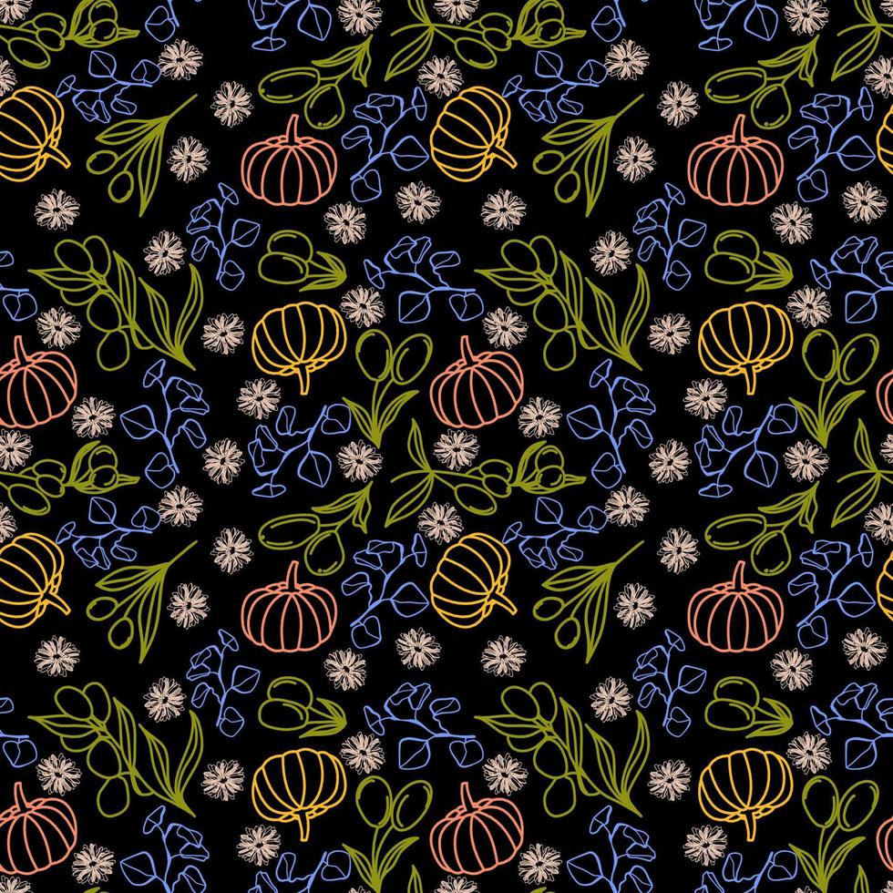 Seamless food pattern with olives, pumpkins, and eucalyptus branches vector