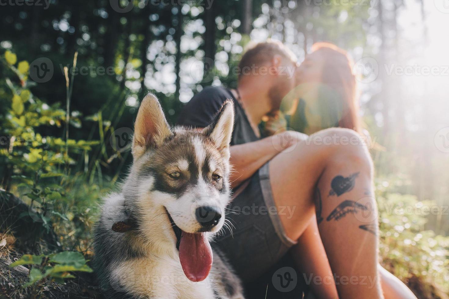 beautiful couple resting in the forest photo