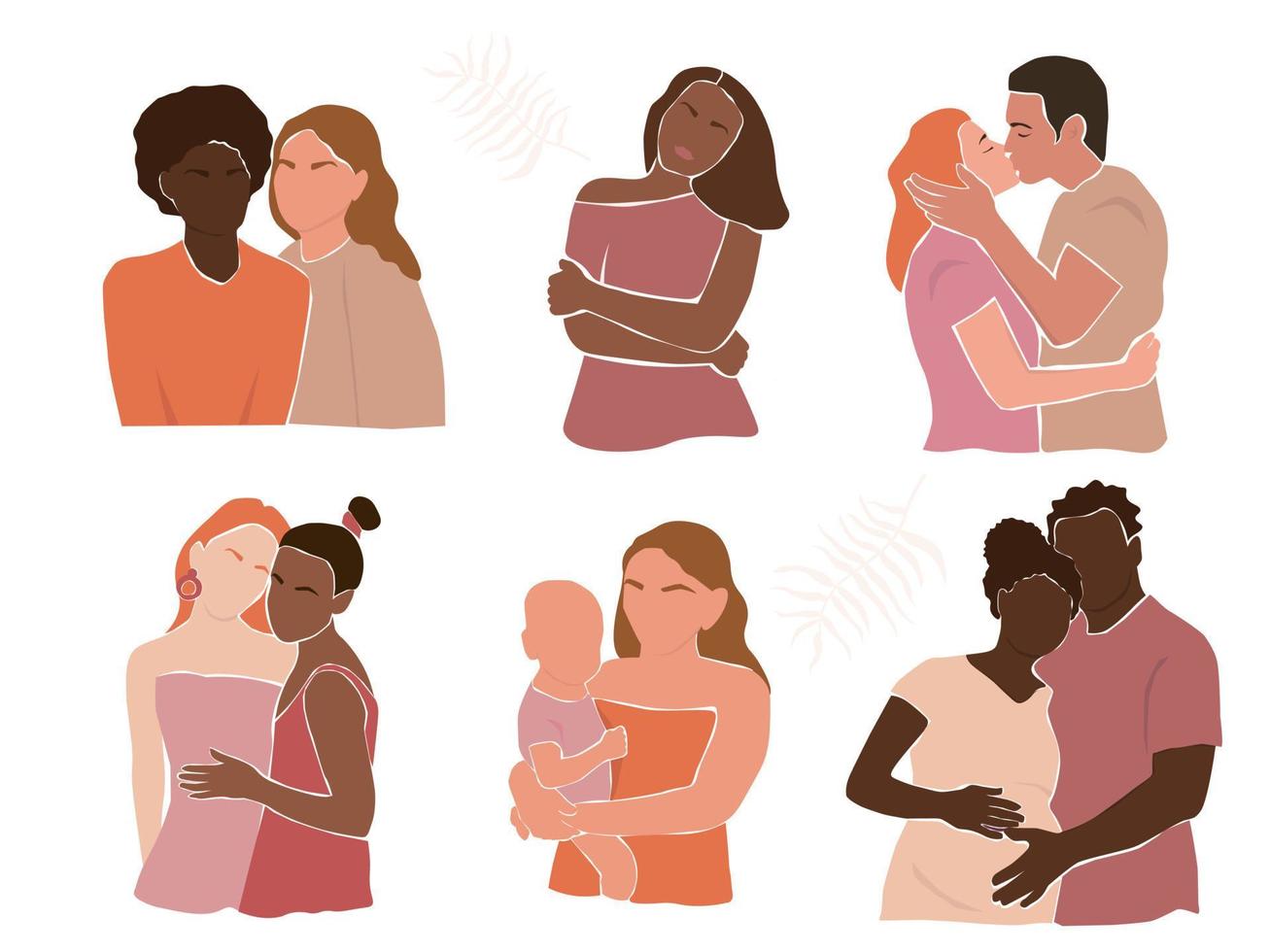 A set of different people. A couple of happy future parents. A pregnant woman is expecting a baby. Husband and wife hug. friends together. Vector graphics.