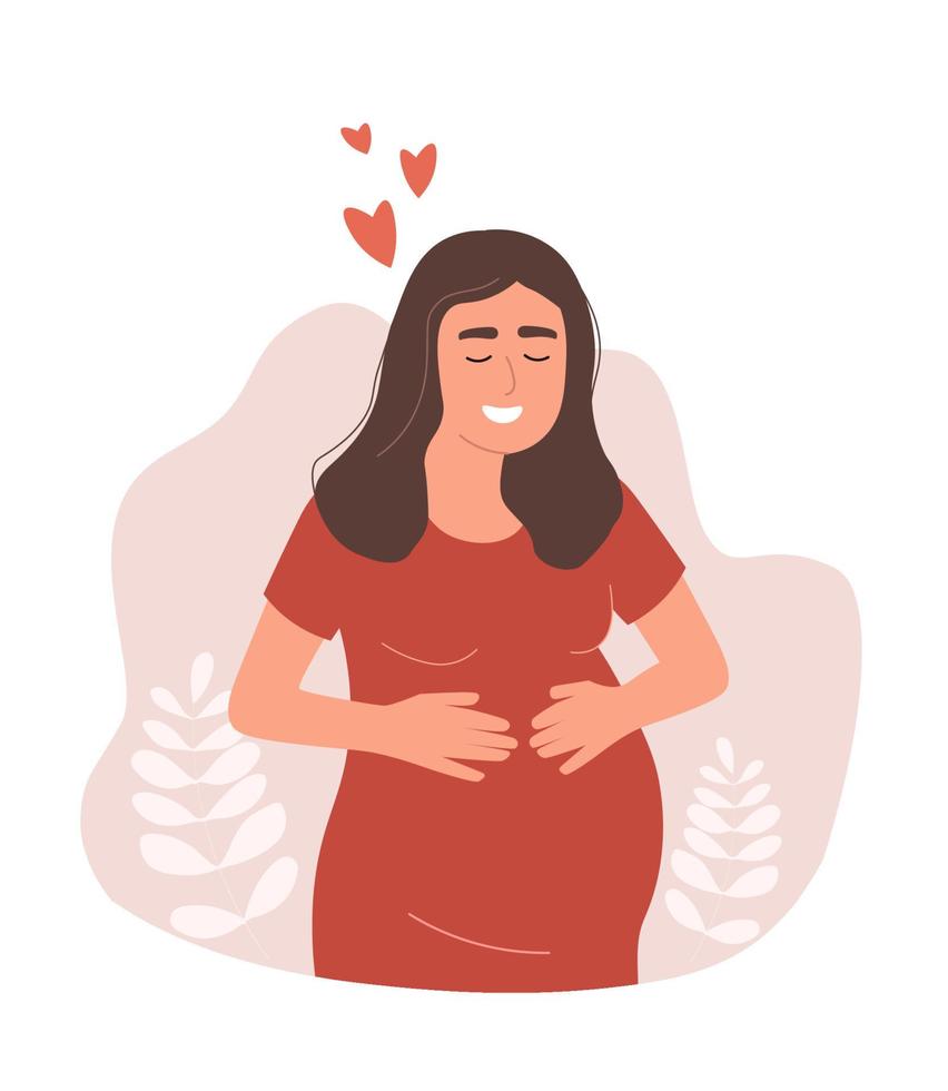 Happy woman expecting a baby. Happy pregnant. The concept of family, love, motherhood. Vector graphics.