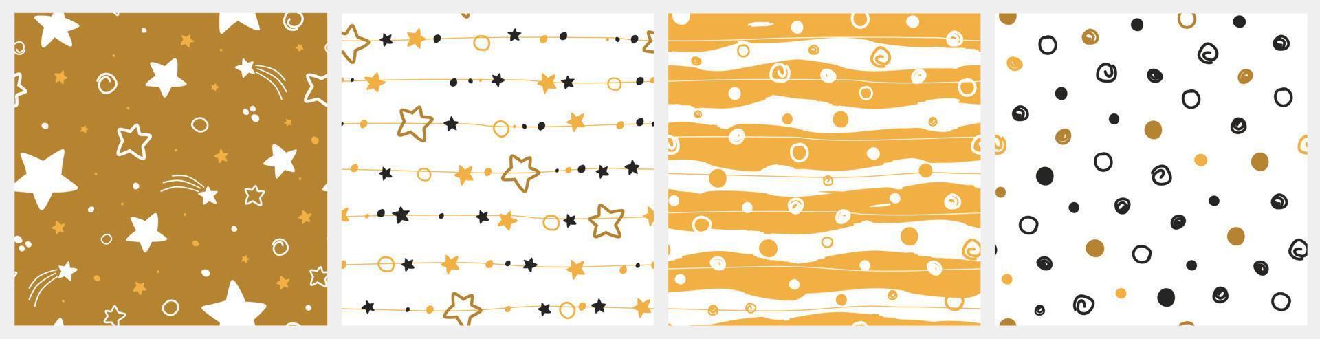 The set is a seamless pattern with an abstract simple pattern for the holidays. Print with horizontal lines, stars, stripes, dots and circles. Vector graphics.