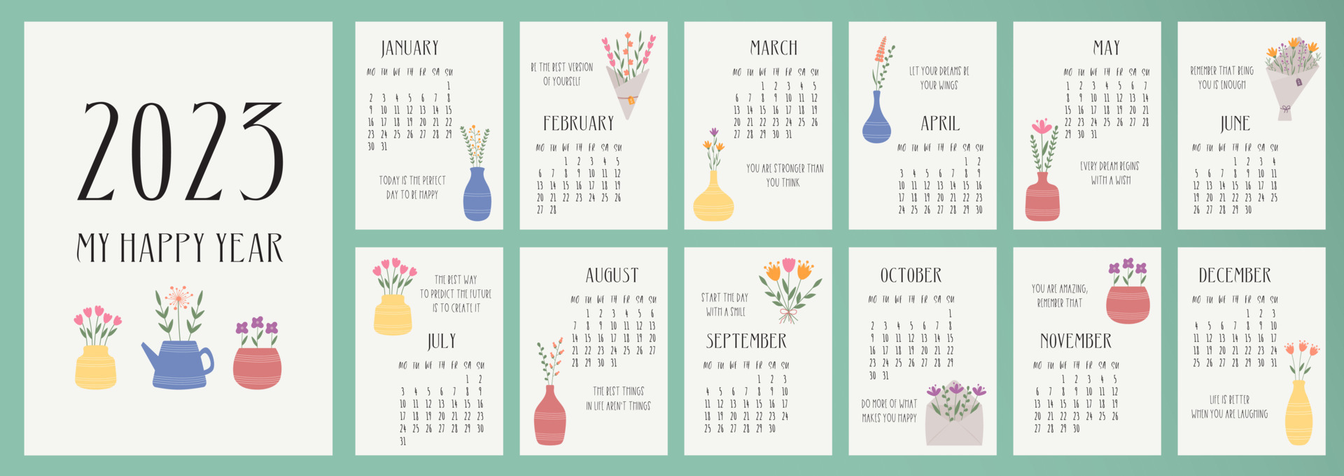 Calendar 2023 template. Monthly calendar 2023 with hand drawn flowers