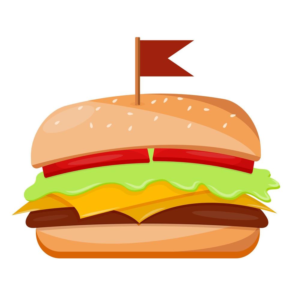 Fresh burger with sesame on a white background. Vector illustration. Cheeseburger.