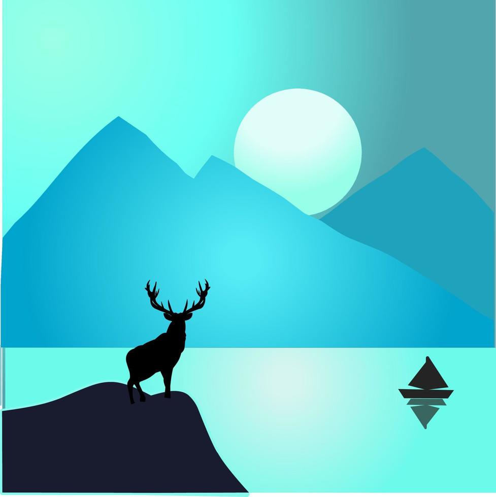 vector illustration of mountains, moon and deer at night